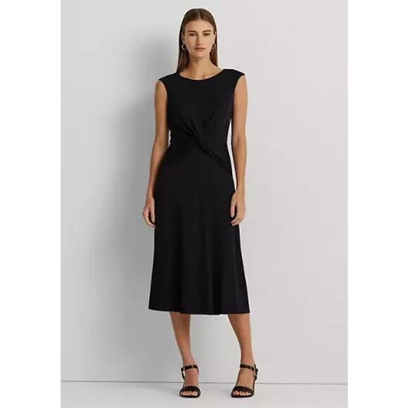 NWT Lauren Ralph Lauren Black Sleeveless Twist Front Jersey Midi Dress Size 6 - Picture 1 of 4